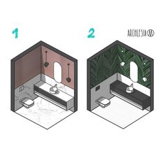 the bathroom is divided into two sections, each with a toilet and sink in it