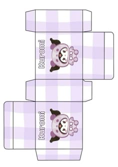 an open box with a panda bear on the front and side, in purple checkered fabric