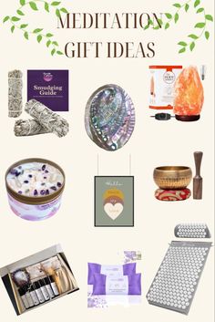 the words meditation gift ideas are surrounded by various items that include candles, soaps, and cookies