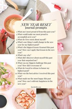 Background image is a collage of colorful photos featuring coffee, a journal, some flowers, strawberry toast, and a pink spa robe. On top of this is a list of New Year Reset Journal Prompts. Reset Journal Prompts, Reset Journal, New Year Reset, Reset Ideas, Year Reset, Reset Your Mind, Reset Your Life, Winter Arc, Best Year Yet