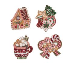 three christmas decorations are shown on a white background