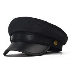 Polyurethane Leather Octagonal Hat with Large Buttons-Hats-Innovato Design-Black-Innovato Design Leather Beret, Leather Flats Women, Navy Cap, Baker Boy Hat, Navy Hats, Military Cap, Sailor Hat, Berets Cap, Military Hat