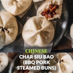 chinese charsiu bao bbq pork steamed buns on a plate with text overlay