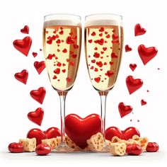 two champagne flutes with hearts and crackers in front of them on a white background