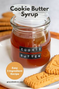 cookie butter syrup in a glass jar and cookies on a plate with the words easy 3 ingredient recipe