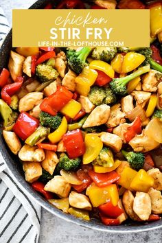 chicken stir fry with peppers and broccoli in a skillet