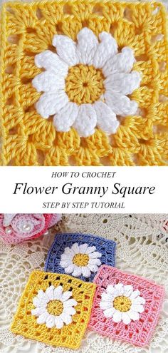 crochet flower granny square is shown in three different colors