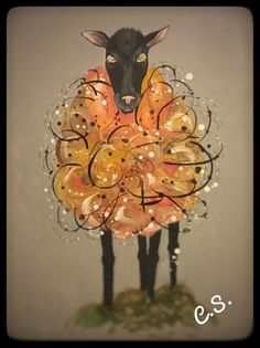 a painting of a sheep standing in front of a wall with circles on it's back