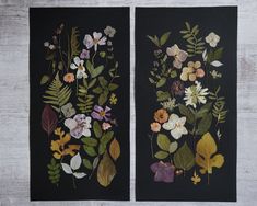 two black paintings with flowers and leaves painted on the same piece of paper, one in different colors