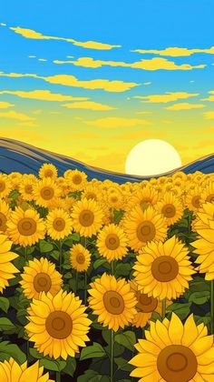 a painting of sunflowers in a field at sunset