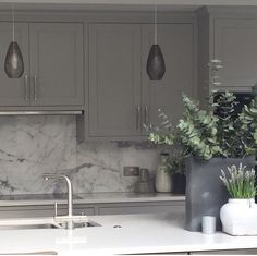 a kitchen with grey cabinets and marble counter tops, plants in vases on the island