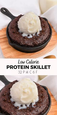 low calorie protein skillet with vanilla ice cream on top and chocolate cake in the middle