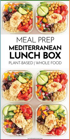 the meal prep mediterranean lunch box is packed with vegetables, rice and chickpeas