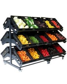 an assortment of fruits and vegetables are arranged on the shelf in this display case with wheels