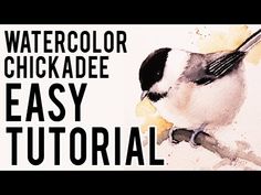 a black and white bird sitting on top of a piece of paper with the words watercolor chickade easy