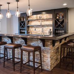 a bar with four stools in front of it