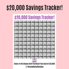 the $ 20, 000 savings tracker is displayed on a pink background with black and white numbers