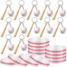 baseball and bat keychains are shown with different designs on the chain, along with each other