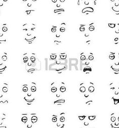 many different faces drawn in black ink with eyes and mouths, on white background stock photo