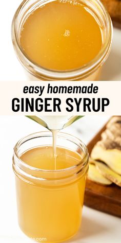 homemade ginger syrup is being poured into a jar