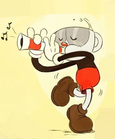 a drawing of a cartoon character holding a red and white object in one hand, with music notes on the other