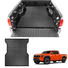 an orange pickup truck with its cargo compartment open and the bed liner in place to be folded