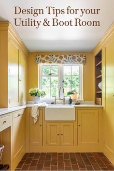 a kitchen with yellow cabinets and tile flooring is pictured in this image, there are two windows above the sink