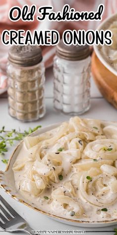 an old fashioned creamed onion dish is served in a bowl