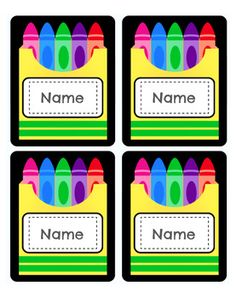 four name tags with crayons on them