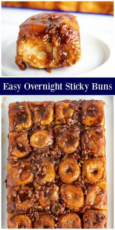 an image of some food that is on a plate and the words easy overnight sticky buns