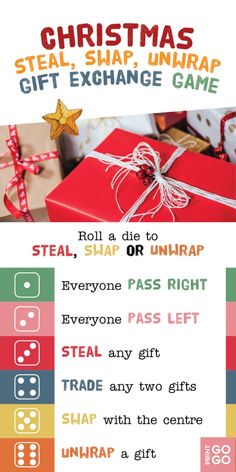 a christmas gift exchange game with the words, steal - shop unwrapp give