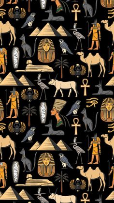 an image of egyptian art with animals and symbols on black background for wallpaper or fabric