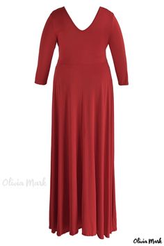 Olivia Mark - Red Solid A-Line Dress with Folded V-Neck and Patchwork Accents for Womens Plus Size Red V-neck Maxi Dress, Plain Stretch V-neck Dress, Stretch Plain V-neck Dress, Elegant Plain V-neck Dress, Red V-neck Maxi Dress For Work, Plain Solid V-neck Maxi Dress, Solid Plain V-neck Maxi Dress, Solid V-neck Maxi Dress, Plain V-neck Maxi Dress