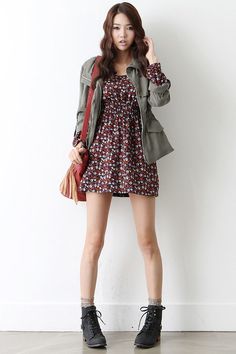 Consider wearing a grey anorak and burgundy floral skater dress for a glam and trendy getup. Black leather boots will give your look an on-trend feel.   Shop this look on Lookastic: https://lookastic.com/women/looks/grey-anorak-burgundy-skater-dress-black-boots/18225   — Burgundy Floral Skater Dress  — Grey Anorak  — Red Leather Crossbody Bag  — Black Leather Boots Skater Dress Outfit Casual, Outfit With Flats, Skater Dress Outfit, Dress Outfit Casual, Burgundy Skater Dress, Tokyo Street Fashion, Korean Fashion Online, Floral Skater Dress