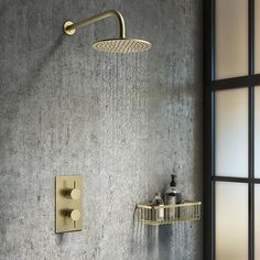 a shower head and hand shower in a bathroom