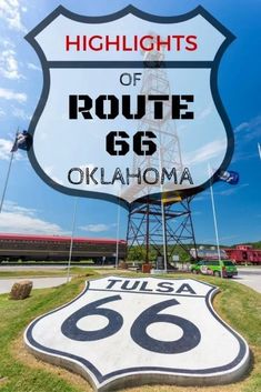 the highway sign for route 66 in oklahoma, texas with text overlaying it