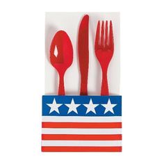 red, white and blue plastic utensils in the shape of an american flag