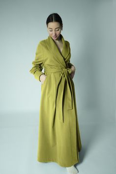 "Beautiful, well made robe that is so soft and luxurious.  With large pockets and long sleeves. Made of very soft and pleasant to the body jersey. On the wrong side has a down. It is really warm and cozy. It absorbs moisture well and dries quickly. Perfect gift for your loved ones. - 95% organic cotton, 5% elastan . Knitwear has certificates GOTS and Oeko-Tex. - 100% Handmade, cut and sewn with all care and on good equipment to order in our studio. - Standard length robe 56\" / 142cm (but if you need shorter or longer, please write in the personalization).  - Standard sleeve length with turned-up cuff from neck +- : S - 30,5\"/ 77,5cm, M - 30,7\"/ 78cm, L - 31\"/ 79cm, XL - 31,5\"/ 80cm (but if you need shorter or longer, please write in the personalization). The right side of the robe goe Long Sleeve Green Robe For Fall, Green Fitted Wrap Maxi Dress, Fitted Long Robe For Fall, Floor Length Robe, Robe For Women, Girls Party Wear, Women's Robe, Pajama Robe, Womens Robes