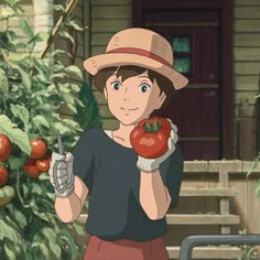 a woman in a hat holding a tomato and a pair of scissors next to an apple tree