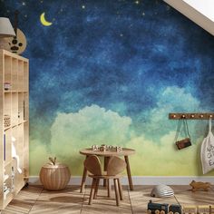 a child's room with blue and green wallpaper, wooden furniture and toys