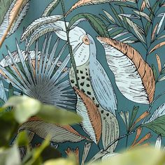 an image of a wallpaper with birds and plants on it's back side