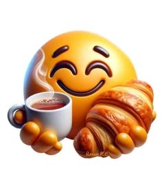 a smiley face holding a cup of coffee next to croissants and bread