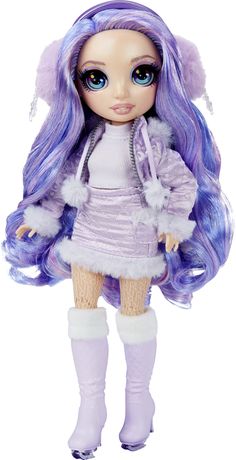 a doll with long purple hair and blue eyes