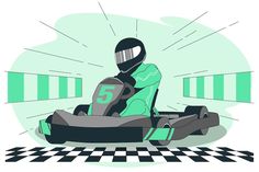 a person riding a kart on a checkered floor with green and black stripes