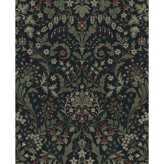 an intricately designed wallpaper with flowers and leaves in black, green, red and white colors