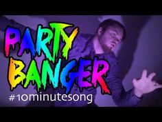 a man is dancing with the words party banger in front of him and holding his hands out