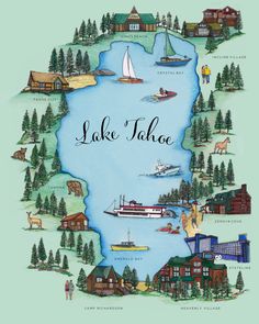 an illustrated map of lake tahoe with boats, houses and mountains in the background