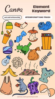 an image of a poster with different items on it, including trash cans and other things