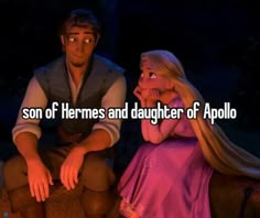 a man and woman sitting next to each other with the caption son of hernes and daughter of apolo