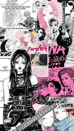 a collage of anime characters with pink hair and piercings on their ears, in black and white